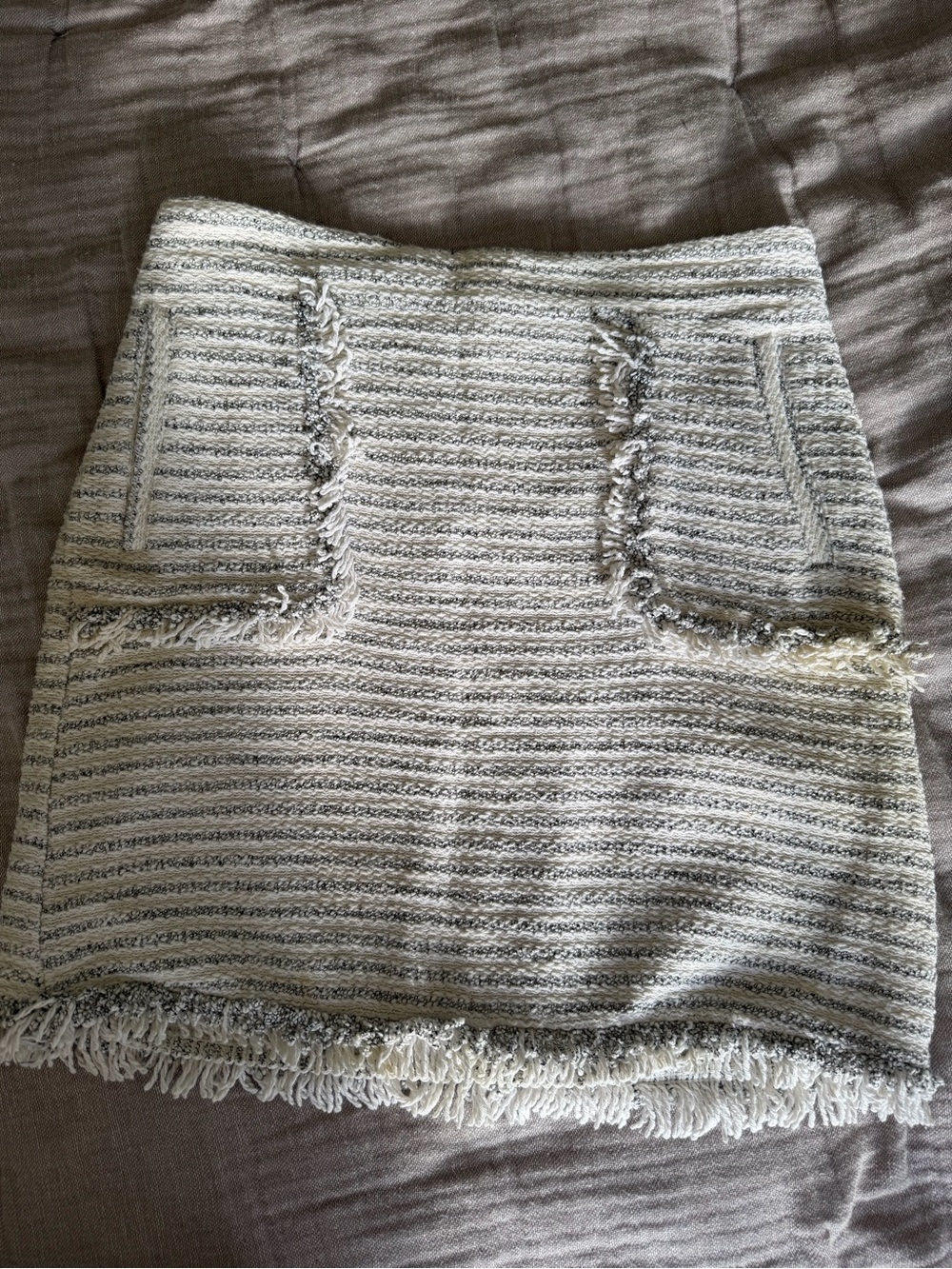 Trucco Fringed Tweed Mini Skirt in Ivory and Gray